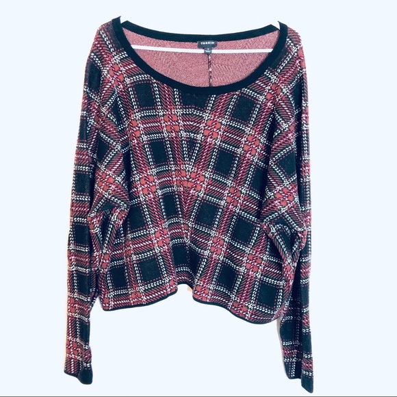 TORRID Scoop Neck Plaid Sweater Red and Black - Picture 2 of 8